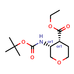 Chemical structure of Cis-Ethyl 3-((tert-butoxycarbonyl)amino)tetrahydro-2H-pyran-4-carboxylate , CAS 1363404-85-6, AChemBlock Y237119
