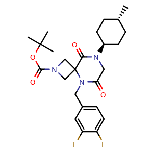 Chemical structure of tert-Butyl 5-(3,4-difluorobenzyl)-8-((1r,4r)-4-methylcyclohexyl)-6,9-dioxo-2,5,8-triazaspiro[3.5] nonane-2-carboxylate , CAS 2830607-84-4, AChemBlock Y237165