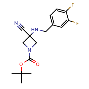 Chemical structure of tert-Butyl 3-cyano-3-((3,4-difluorobenzyl)amino)azetidine-1-carboxylate , CAS 2830607-90-2, AChemBlock Y237167