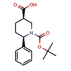 Chemical structure of (3R,6R)-1-(tert-Butoxycarbonyl)-6-phenylpiperidine-3-carboxylic acid , CAS 1268249-89-3, AChemBlock Y237319