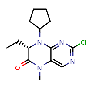 Chemical structure of (7S)-2-chloro-8-cyclopentyl-7-ethyl-5-methyl-7H-pteridin-6-one , CAS 1280667-23-3, AChemBlock Y237324