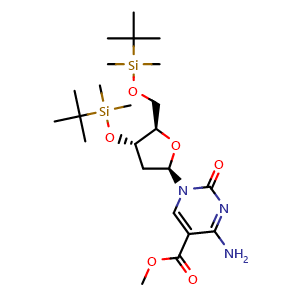 Chemical structure of Methyl 4-amino-1-[(2R,4S,5R)-4-[tert-butyl(dimethyl)silyl]oxy-5-[[tert-butyl(dimethyl)silyl]oxymethyl]tetrahydrofuran-2-yl]-2-oxo-pyrimidine-5-carboxylate , CAS 1361013-63-9, AChemBlock Y237334