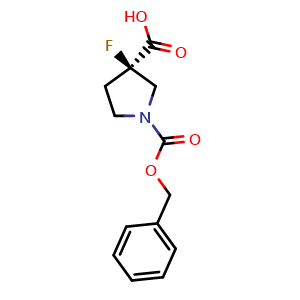 Chemical structure of (3R)-1-Benzyloxycarbonyl-3-fluoro-pyrrolidine-3-carboxylic acid , CAS 1601461-35-1, AChemBlock Y237359