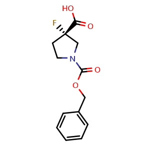 Chemical structure of (3S)-1-benzyloxycarbonyl-3-fluoro-pyrrolidine-3-carboxylic acid , CAS 1601461-47-5, AChemBlock Y237360