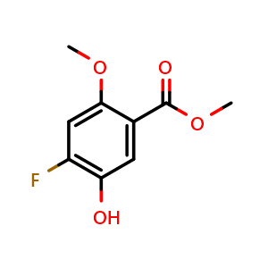 Chemical structure of Methyl 4-fluoro-5-hydroxy-2-methoxy-benzoate , CAS 2091274-24-5, AChemBlock Y237406