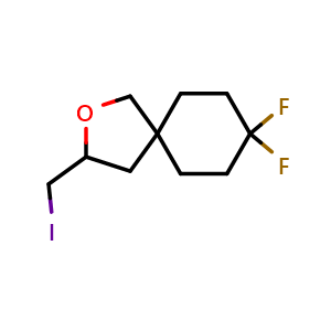 Chemical structure of 8,8-Difluoro-3-(iodomethyl)-2-oxaspiro[4.5]decane , CAS 2416231-76-8, AChemBlock Y237457
