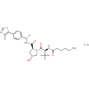 Chemical structure of (2S,4R)-1-[(2S)-2-(5-Aminopentanoylamino)-3,3-dimethyl-butanoyl]-4-hydroxy-N-[(1S)-1-[4-(4-methylthiazol-5-yl)phenyl]ethyl]pyrrolidine-2-carboxamide hydrochloride , CAS 2458219-89-9, AChemBlock Y237459