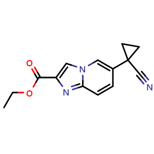 Chemical structure of Ethyl 6-(1-cyanocyclopropyl)imidazo[1,2-a]pyridine-2-carboxylate , CAS 2654760-78-6, AChemBlock Y237472