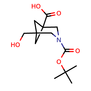 Chemical structure of 3-tert-Butoxycarbonyl-5-(hydroxymethyl)-3-azabicyclo[3.1.1]heptane-1-carboxylic acid , CAS 2758005-25-1, AChemBlock Y237484