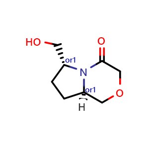 Chemical structure of Rel-(6R,8aR)-6-(hydroxymethyl)tetrahydro-1H-pyrrolo[2,1-c][1,4]oxazin-4(3H)-one , CAS 2820537-04-8, AChemBlock Y237493