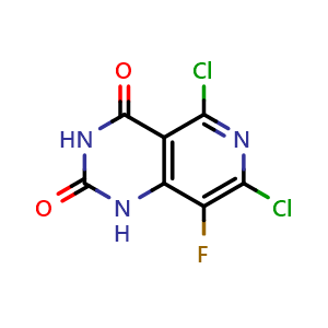 Chemical structure of 5,7-Dichloro-8-fluoro-1H-pyrido[4,3-d]pyrimidine-2,4-dione , CAS 2836267-80-0, AChemBlock Y237498