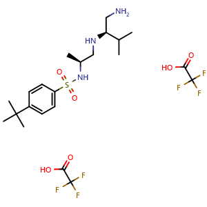 Chemical structure of N-((S)-1-(((R)-1-amino-3-methylbutan-2-yl)amino)propan-2-yl)-4-(tert-butyl)benzenesulfonamide bis(2,2,2-trifluoroacetate) , CAS 2922439-61-8, AChemBlock Y237513