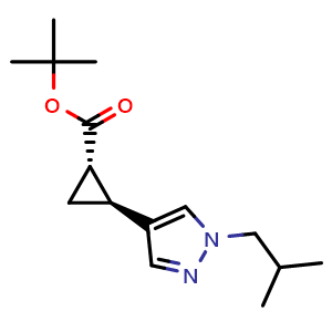 Chemical structure of tert-Butyl (1S,2S)-2-(1-isobutyl-1H-pyrazol-4-yl)cyclopropane-1-carboxylate , CAS 2940858-46-6, AChemBlock Y237520