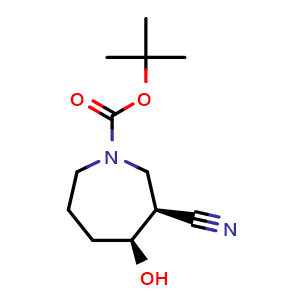 Chemical structure of tert-butyl (3S,4S)-3-cyano-4-hydroxy-azepane-1-carboxylate , CAS 2940872-05-7, AChemBlock Y237528