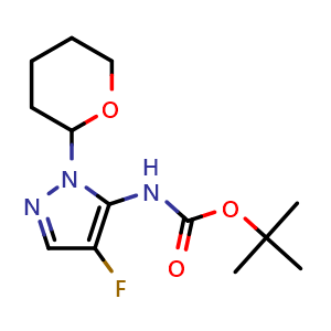 Chemical structure of tert-Butyl N-(4-fluoro-2-tetrahydropyran-2-yl-pyrazol-3-yl)carbamate , CAS 2940944-63-6, AChemBlock Y237549