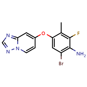 Chemical structure of 6-Bromo-2-fluoro-3-methyl-4-([1,2,4]triazolo[1,5-a]pyridin-7-yloxy)aniline , CAS 2940944-86-3, AChemBlock Y237551