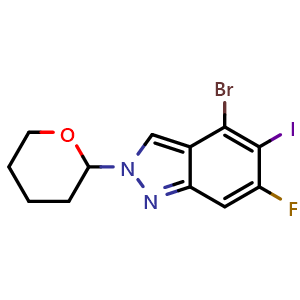 Chemical structure of 4-Bromo-6-fluoro-5-iodo-2-tetrahydropyran-2-yl-indazole , CAS 2940946-49-4, AChemBlock Y237555