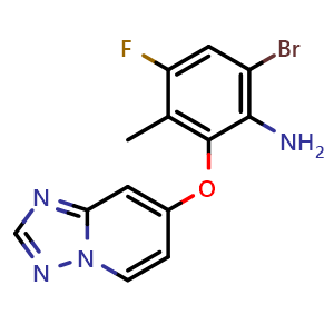 Chemical structure of 6-Bromo-4-fluoro-3-methyl-2-([1,2,4]triazolo[1,5-a]pyridin-7-yloxy)aniline , CAS 2940956-76-1, AChemBlock Y237572