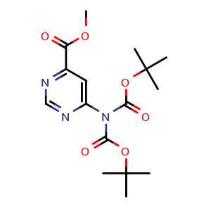 Chemical structure of Methyl 6-[bis(tert-Butoxycarbonyl)amino]pyrimidine-4-carboxylate , CAS 2940957-80-0, AChemBlock Y237576