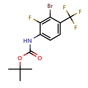 Chemical structure of tert-Butyl N-[3-bromo-2-fluoro-4-(trifluoromethyl)phenyl]carbamate , CAS 2940962-32-1, AChemBlock Y237580