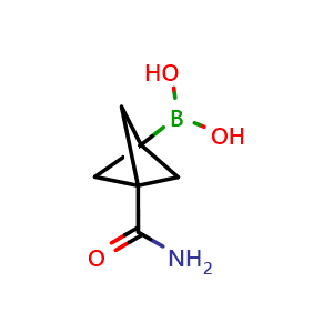 Chemical structure of (3-Carbamoyl-1-bicyclo[1.1.1]pentanyl)boronic acid , AChemBlock Y237652