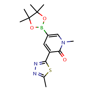 Chemical structure of 1-Methyl-3-(5-methyl-1,3,4-thiadiazol-2-yl)-5-(4,4,5,5-tetramethyl-1,3,2-dioxaborolan-2-yl)pyridin-2-one , AChemBlock Y237657