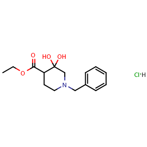 Chemical structure of Ethyl 1-benzyl-3,3-dihydroxy-piperidine-4-carboxylate;hydrochloride , AChemBlock Y237669