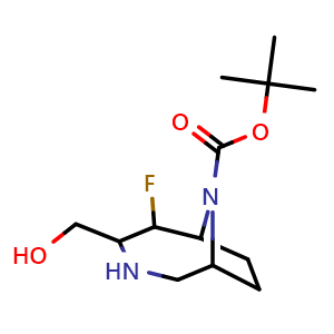Chemical structure of tert-Butyl 5-fluoro-4-(hydroxymethyl)-3,9-diazabicyclo[4.2.1]nonane-9-carboxylate , CAS 2995296-34-7, AChemBlock Y237680