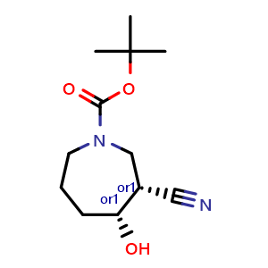 Chemical structure of tert-Butyl cis-3-cyano-4-hydroxy-azepane-1-carboxylate , AChemBlock Y237683