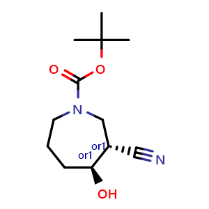 Chemical structure of tert-Butyl trans-3-cyano-4-hydroxy-azepane-1-carboxylate , AChemBlock Y237686