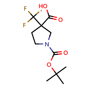 Chemical structure of 1-(tert-Butoxycarbonyl)-3-(trifluoromethyl)pyrrolidine-3-carboxylic acid , CAS 1260780-23-1, AChemBlock Y237699