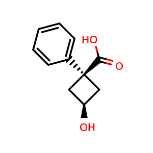 Chemical structure of cis-3-Hydroxy-1-phenyl-cyclobutanecarboxylic acid , CAS 1612885-87-6, AChemBlock Y237718