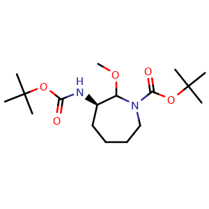 Chemical structure of (3R)-tert-Butyl 3-((tert-butoxycarbonyl)amino)-2-methoxyazepane-1-carboxylate , CAS 3037666-30-8, AChemBlock Y237766
