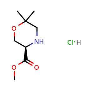 Chemical structure of (R)-Methyl-6,6-dimethylmorpholine-3-carboxylate hydrochloride , CAS 3037659-87-0, AChemBlock Y237771