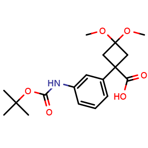 Chemical structure of 1-(3-((tert-Butoxycarbonyl)amino)phenyl)-3,3-dimethoxycyclobutanecarboxylic acid , CAS 3037705-66-8, AChemBlock Y237776