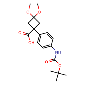 Chemical structure of 1-(4-((tert-Butoxycarbonyl)amino)phenyl)-3,3-dimethoxycyclobutanecarboxylic acid , CAS 3037676-57-3, AChemBlock Y237777