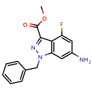 Chemical structure of Methyl 6-amino-1-benzyl-4-fluoro-1H-indazole-3-carboxylate , CAS 3037682-90-6, AChemBlock Y237787