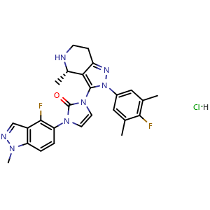 Chemical structure of (S)-1-(4-fluoro-1-methyl-1H-indazol-5-yl)-3-(2-(4-fluoro-3,5-dimethylphenyl)-4-methyl-4,5,6,7-tetrahydro-2H-pyrazolo[4,3-c]pyridin-3-yl)-1H-imidazol-2(3H)-one hydrochloride , CAS 2212022-57-4, AChemBlock Y237905