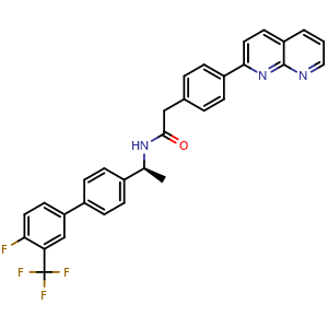 Chemical structure of (S)-2-(4-(1,8-naphthyridin-2-yl)phenyl)-N-(1-(4'-fluoro-3'-(trifluoromethyl)-[1,1'-biphenyl]-4-yl)ethyl)acetamide , CAS 1314796-00-3, AChemBlock Z237943