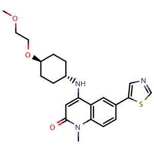 Chemical structure of rel-4-[[trans-4-(2-Methoxyethoxy)cyclohexyl]amino]-1-methyl-6-(5-thiazolyl)-2(1H)-quinolinone , CAS 1700637-55-3, AChemBlock Z237965