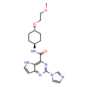 Chemical structure of rel-2-(1H-Imidazol-1-yl)-N-[trans-4-(2-methoxyethoxy)cyclohexyl]-5H-pyrrolo[3,2-d]pyrimidine-4-carboxamide , CAS 2597933-17-8, AChemBlock Z237966