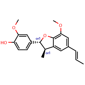 Chemical structure of rel-4-[(2R,3R)-2,3-Dihydro-7-methoxy-3-methyl-5-(1E)-1-propen-1-yl-2-benzofuranyl]-2-methoxyphenol , CAS 23518-30-1, AChemBlock Z237987