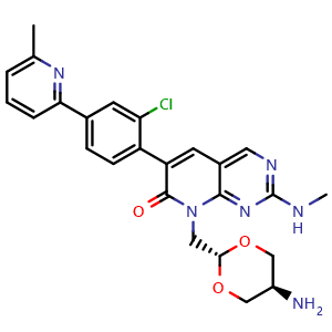 Chemical structure of rel-8-[(trans-5-Amino-1,3-dioxan-2-yl)methyl]-6-[2-chloro-4-(6-methyl-2-pyridinyl)phenyl]-2-(methylamino)pyrido[2,3-d]pyrimidin-7(8H)-one , CAS 1648863-90-4, AChemBlock Z238153