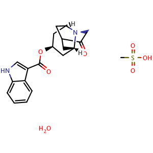 Chemical structure of rel-(5s,6R,8r,9aS)-3-oxooctahydro-2H-2,6-methanoquinolizin-8-yl 1H-indole-3-carboxylate methanesulfonate hydrate , CAS 878143-33-0, AChemBlock Z238517