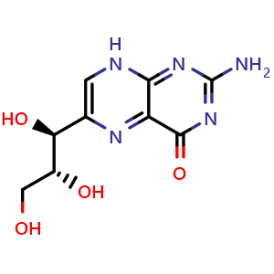 Chemical structure of 2-Amino-6-((1S,2R)-1,2,3-trihydroxypropyl)-4(8H)-pteridone , CAS 2009-64-5, AChemBlock Z238982